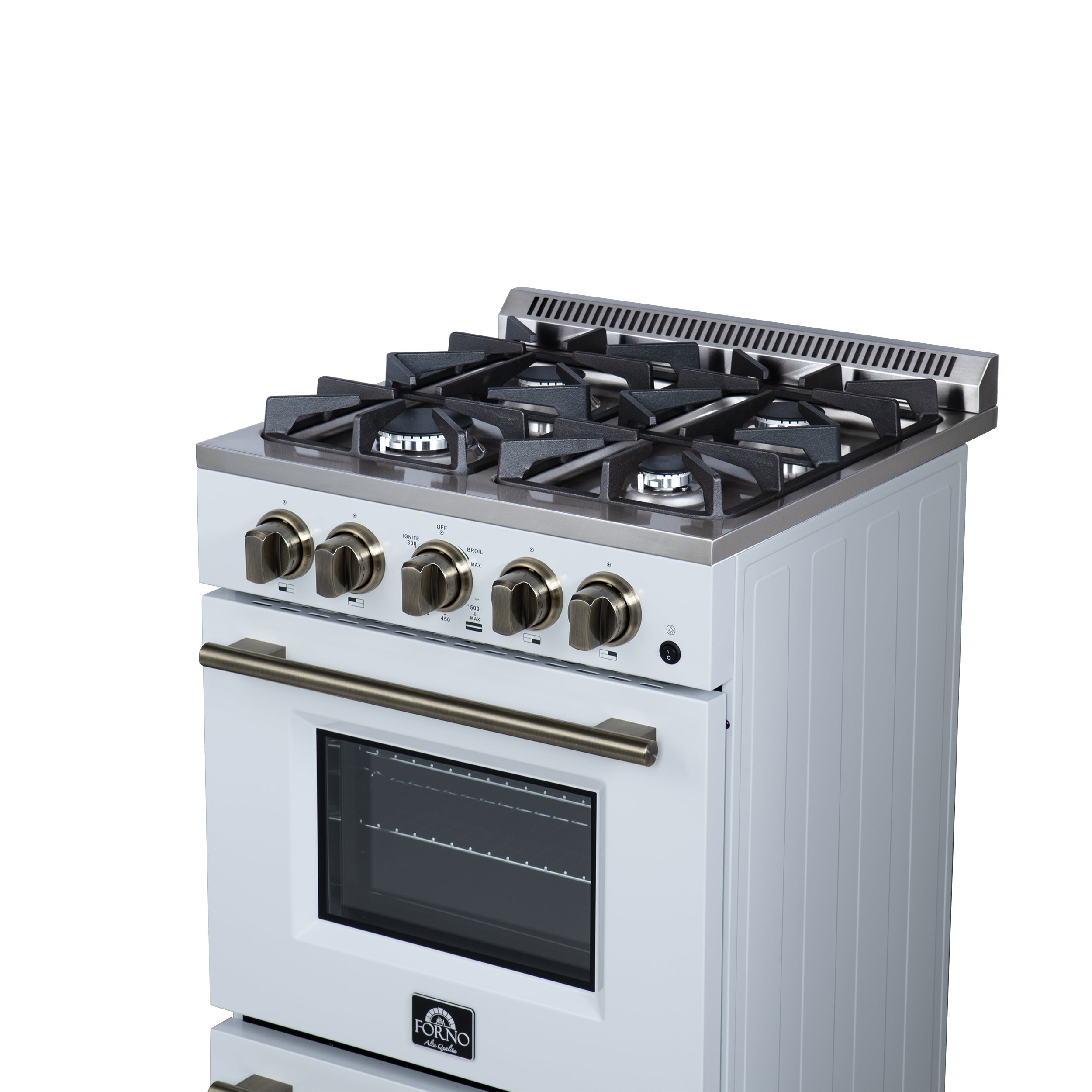 FORNO Breno 24-Inch Freestanding Gas Range, 2.3 cu. ft. Oven, 4 Sealed Burners, Storage Drawer, Air Fryer Kit, White with Antique Brass Accents (Model FFSGS6272-24WHT)