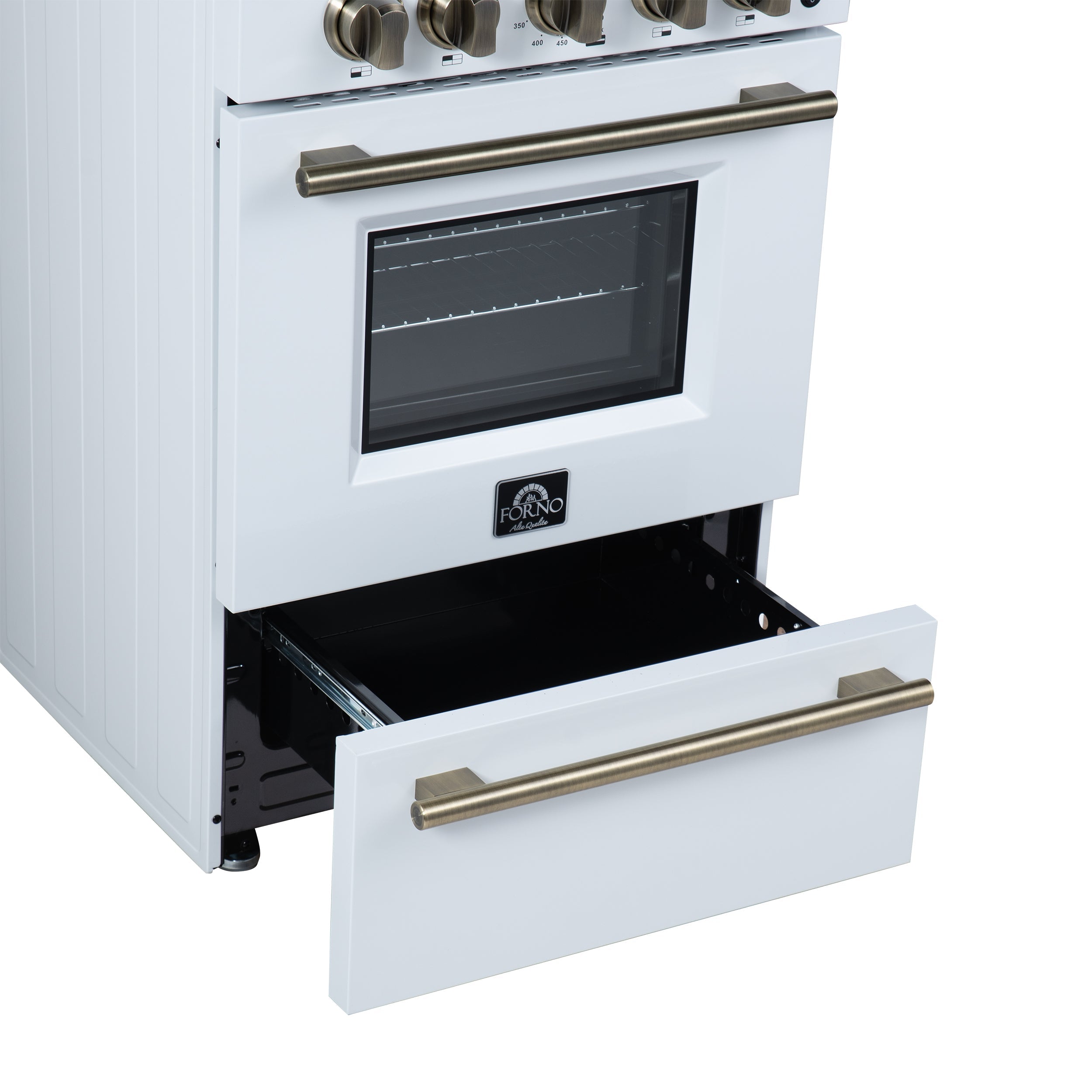 FORNO Breno 24-Inch Freestanding Gas Range, 2.3 cu. ft. Oven, 4 Sealed Burners, Storage Drawer, Air Fryer Kit, White with Antique Brass Accents (Model FFSGS6272-24WHT)