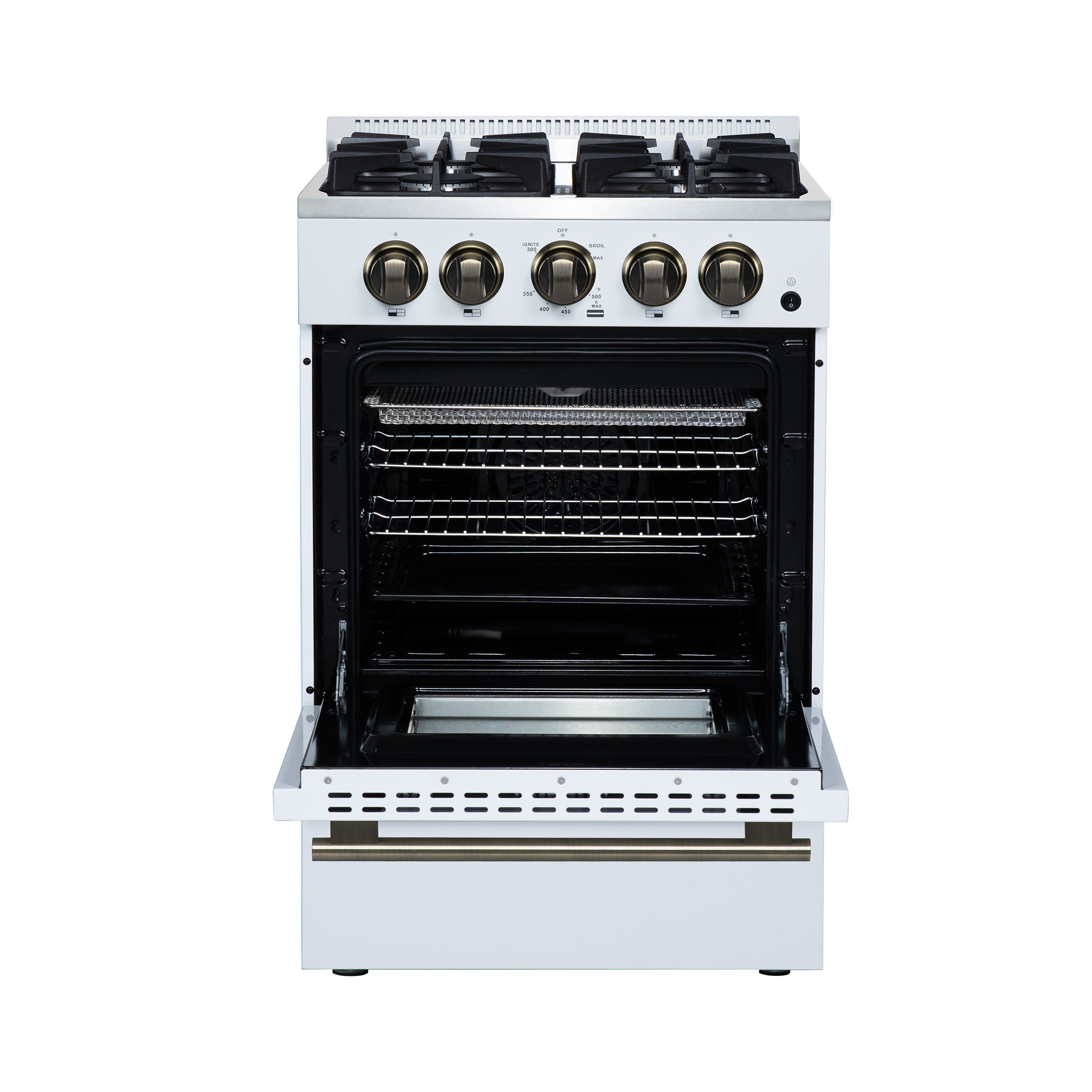 FORNO Breno 24-Inch Freestanding Gas Range, 2.3 cu. ft. Oven, 4 Sealed Burners, Storage Drawer, Air Fryer Kit, White with Antique Brass Accents (Model FFSGS6272-24WHT)