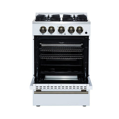 FORNO Breno 24-Inch Freestanding Gas Range, 2.3 cu. ft. Oven, 4 Sealed Burners, Storage Drawer, Air Fryer Kit, White with Antique Brass Accents (Model FFSGS6272-24WHT)