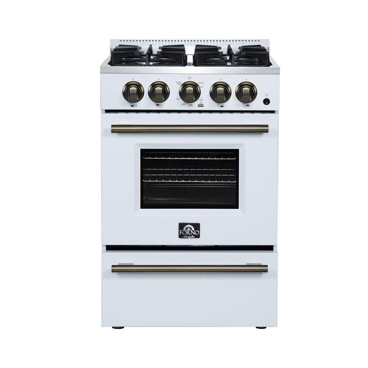 FORNO Breno 24-Inch Freestanding Gas Range, 2.3 cu. ft. Oven, 4 Sealed Burners, Storage Drawer, Air Fryer Kit, White with Antique Brass Accents (Model FFSGS6272-24WHT)