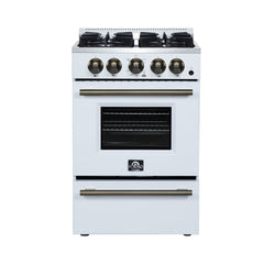 FORNO Breno 24-Inch Freestanding Gas Range, 2.3 cu. ft. Oven, 4 Sealed Burners, Storage Drawer, Air Fryer Kit, White with Antique Brass Accents (Model FFSGS6272-24WHT)