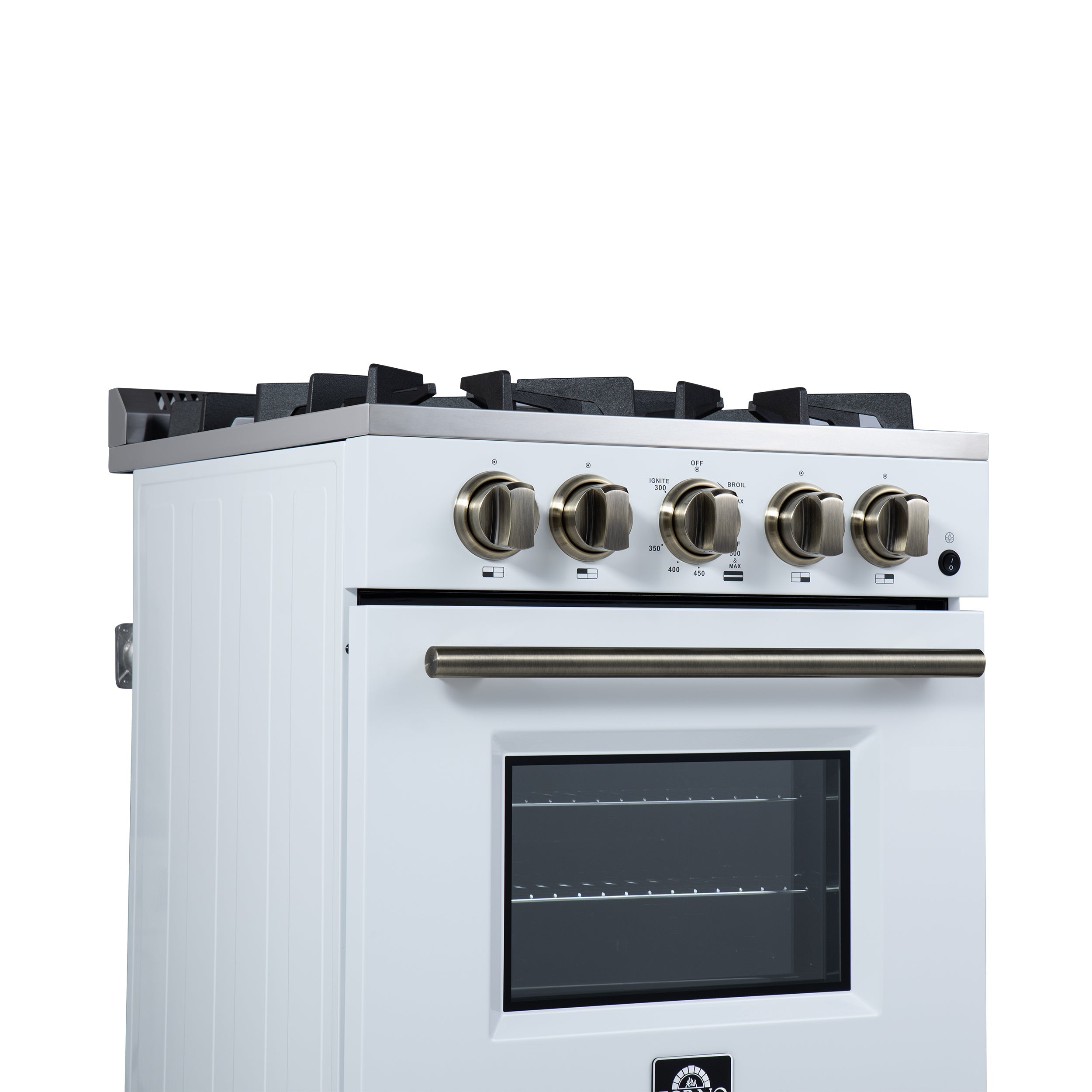 FORNO Breno 24-Inch Freestanding Gas Range, 2.3 cu. ft. Oven, 4 Sealed Burners, Storage Drawer, Air Fryer Kit, White with Antique Brass Accents (Model FFSGS6272-24WHT)