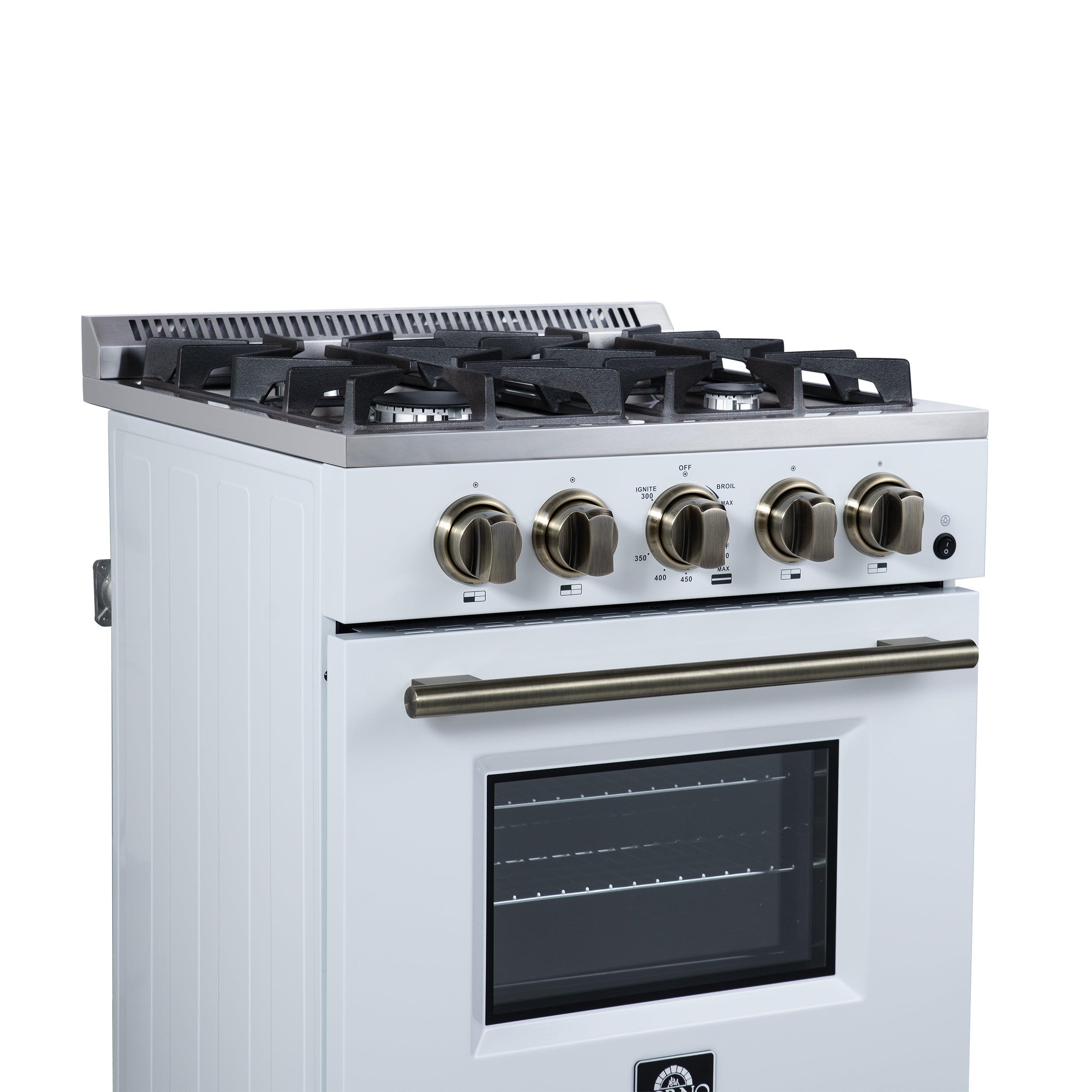 FORNO Breno 24-Inch Freestanding Gas Range, 2.3 cu. ft. Oven, 4 Sealed Burners, Storage Drawer, Air Fryer Kit, White with Antique Brass Accents (Model FFSGS6272-24WHT)
