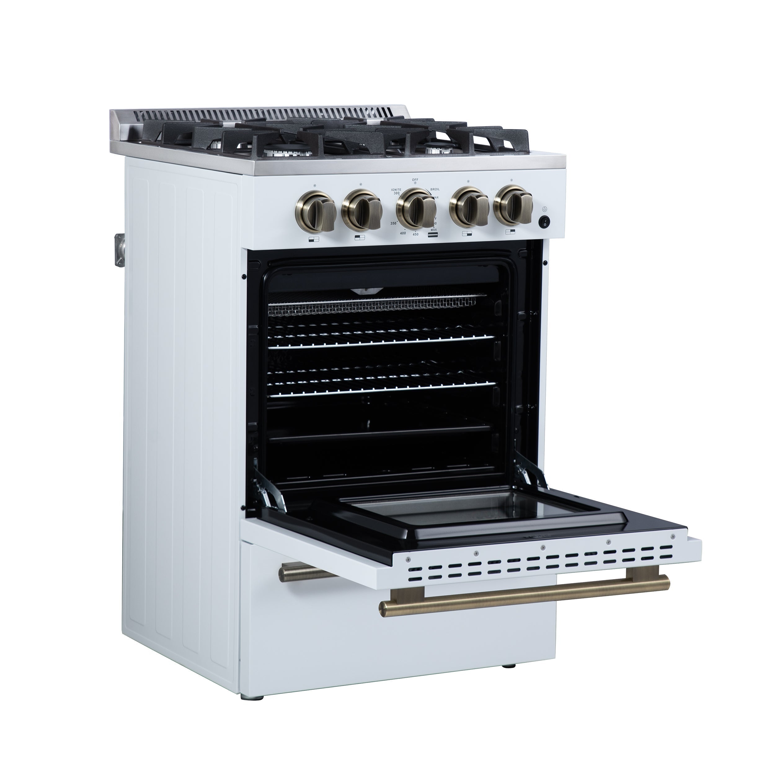 FORNO Breno 24-Inch Freestanding Gas Range, 2.3 cu. ft. Oven, 4 Sealed Burners, Storage Drawer, Air Fryer Kit, White with Antique Brass Accents (Model FFSGS6272-24WHT)