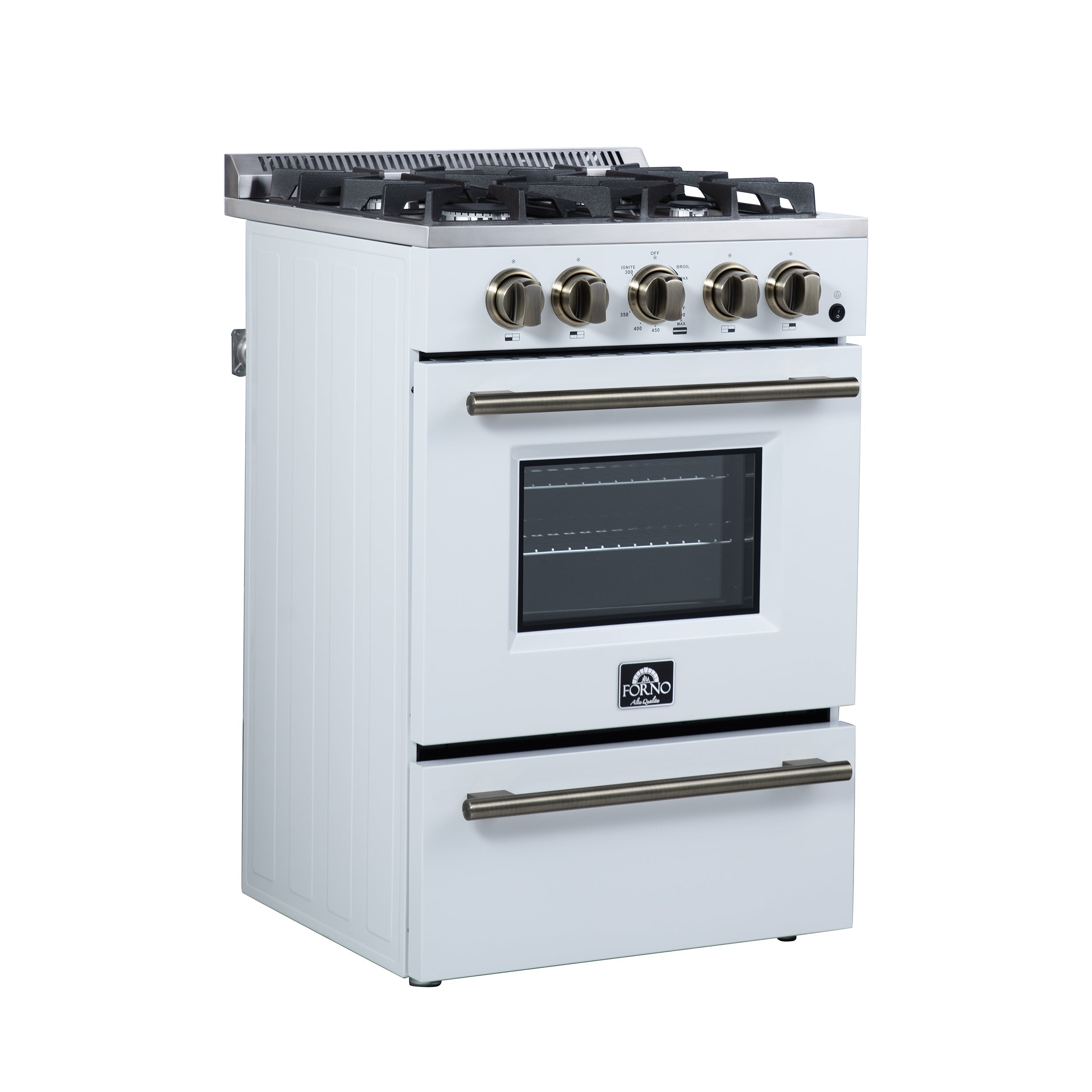 FORNO Breno 24-Inch Freestanding Gas Range, 2.3 cu. ft. Oven, 4 Sealed Burners, Storage Drawer, Air Fryer Kit, White with Antique Brass Accents (Model FFSGS6272-24WHT)