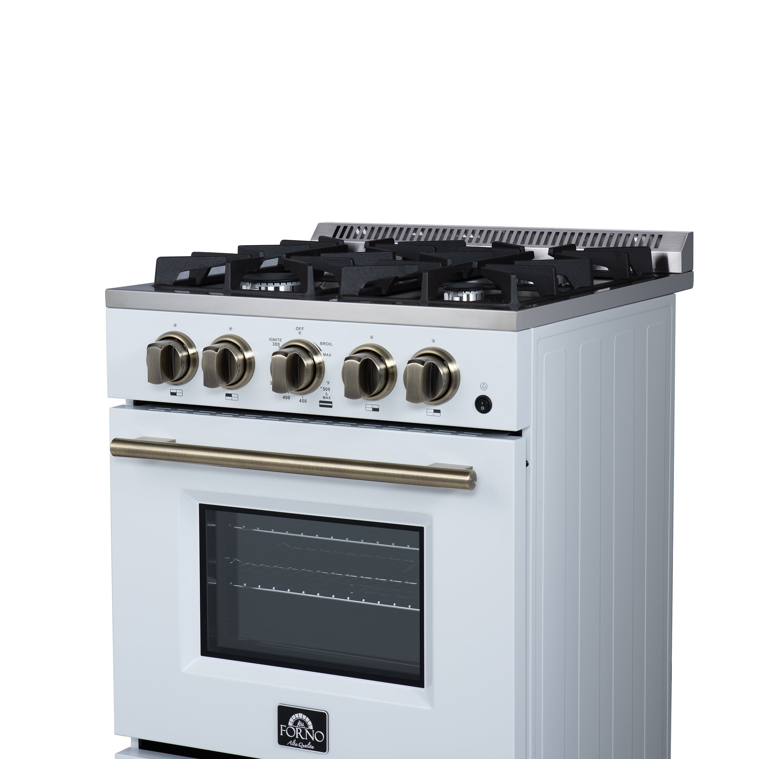 FORNO Breno 24-Inch Freestanding Gas Range, 2.3 cu. ft. Oven, 4 Sealed Burners, Storage Drawer, Air Fryer Kit, White with Antique Brass Accents (Model FFSGS6272-24WHT)