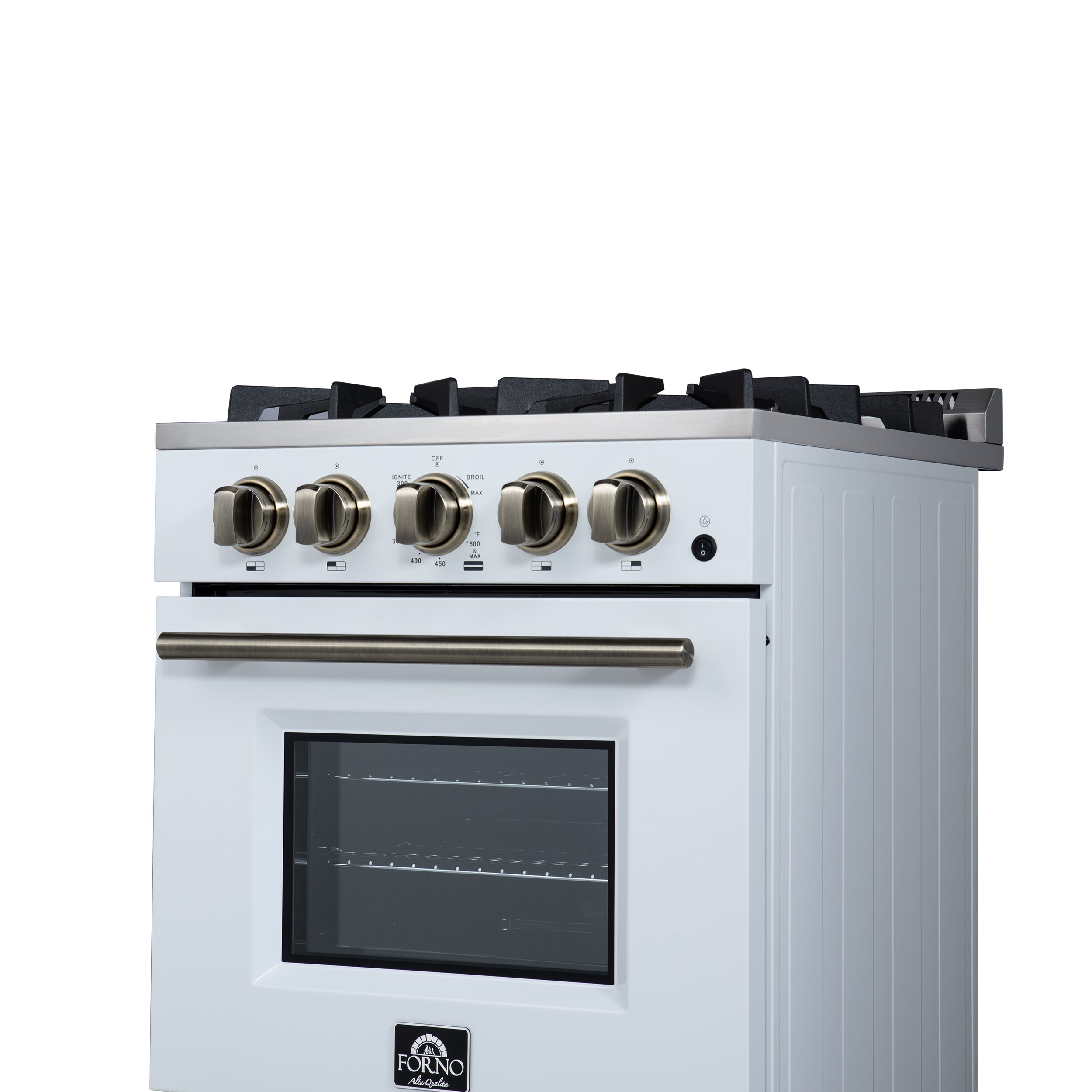 FORNO Breno 24-Inch Freestanding Gas Range, 2.3 cu. ft. Oven, 4 Sealed Burners, Storage Drawer, Air Fryer Kit, White with Antique Brass Accents (Model FFSGS6272-24WHT)