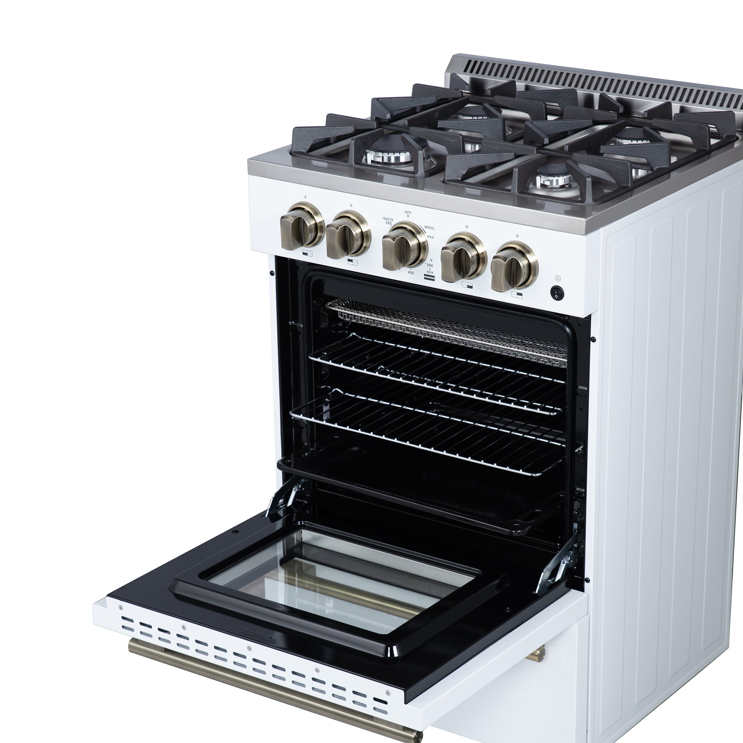 FORNO Breno 24-Inch Freestanding Gas Range, 2.3 cu. ft. Oven, 4 Sealed Burners, Storage Drawer, Air Fryer Kit, White with Antique Brass Accents (Model FFSGS6272-24WHT)