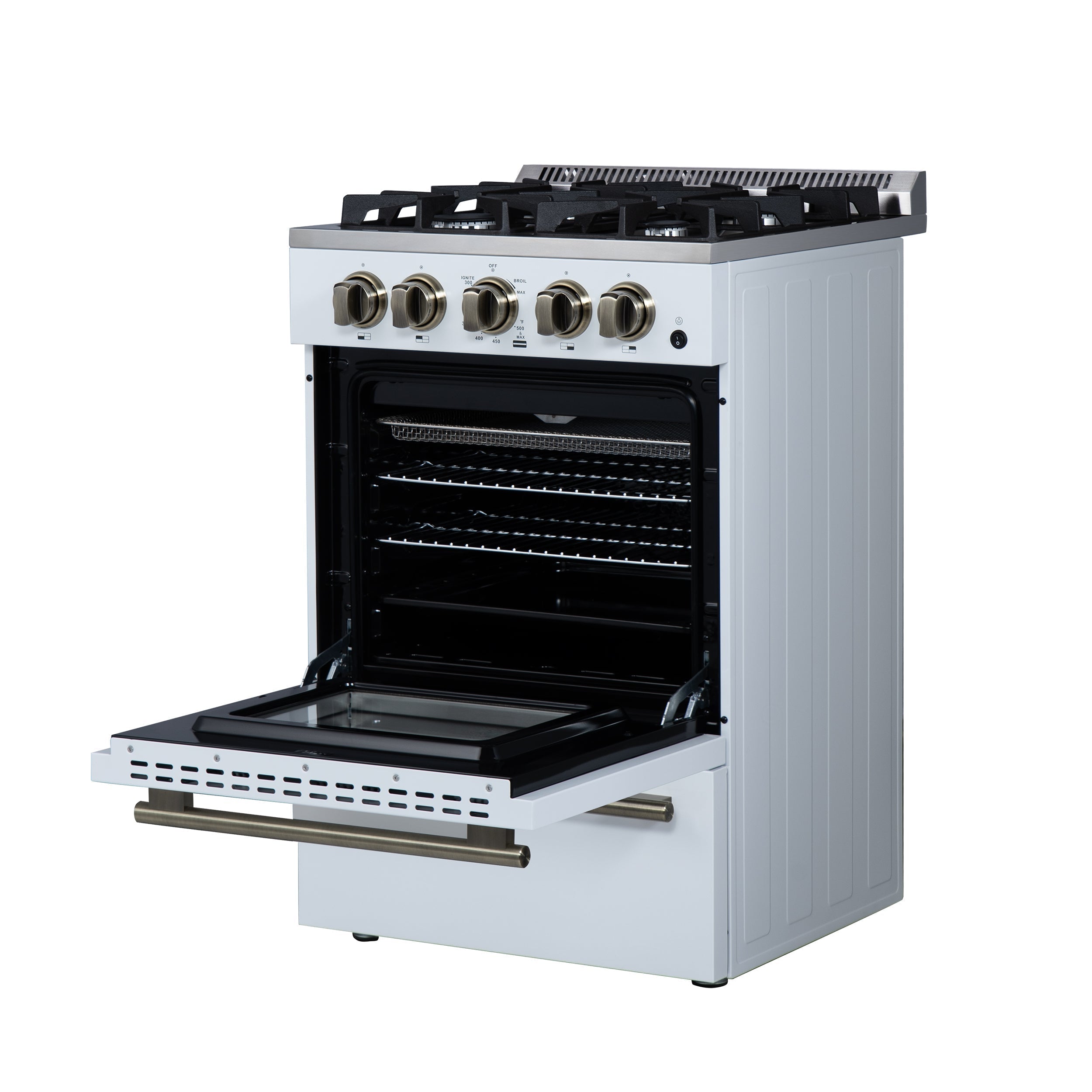 FORNO Breno 24-Inch Freestanding Gas Range, 2.3 cu. ft. Oven, 4 Sealed Burners, Storage Drawer, Air Fryer Kit, White with Antique Brass Accents (Model FFSGS6272-24WHT)