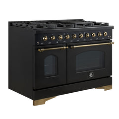 FORNO Antico 48-Inch Freestanding Gas Range, 8 Sealed Burners, Griddle, 5.5 cu. ft. Oven, Black with Antique Brass Acccents (FFSGS6219-48BLK)