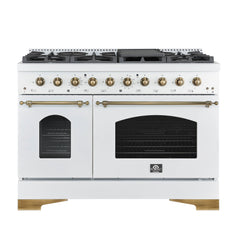 Forno Antico 48-Inch Dual Fuel Range, 5.5 cu. ft. Oven, 8 Sealed Burners, Griddle, White with Antique Brass Accents (FFSGS6113-48WHT)