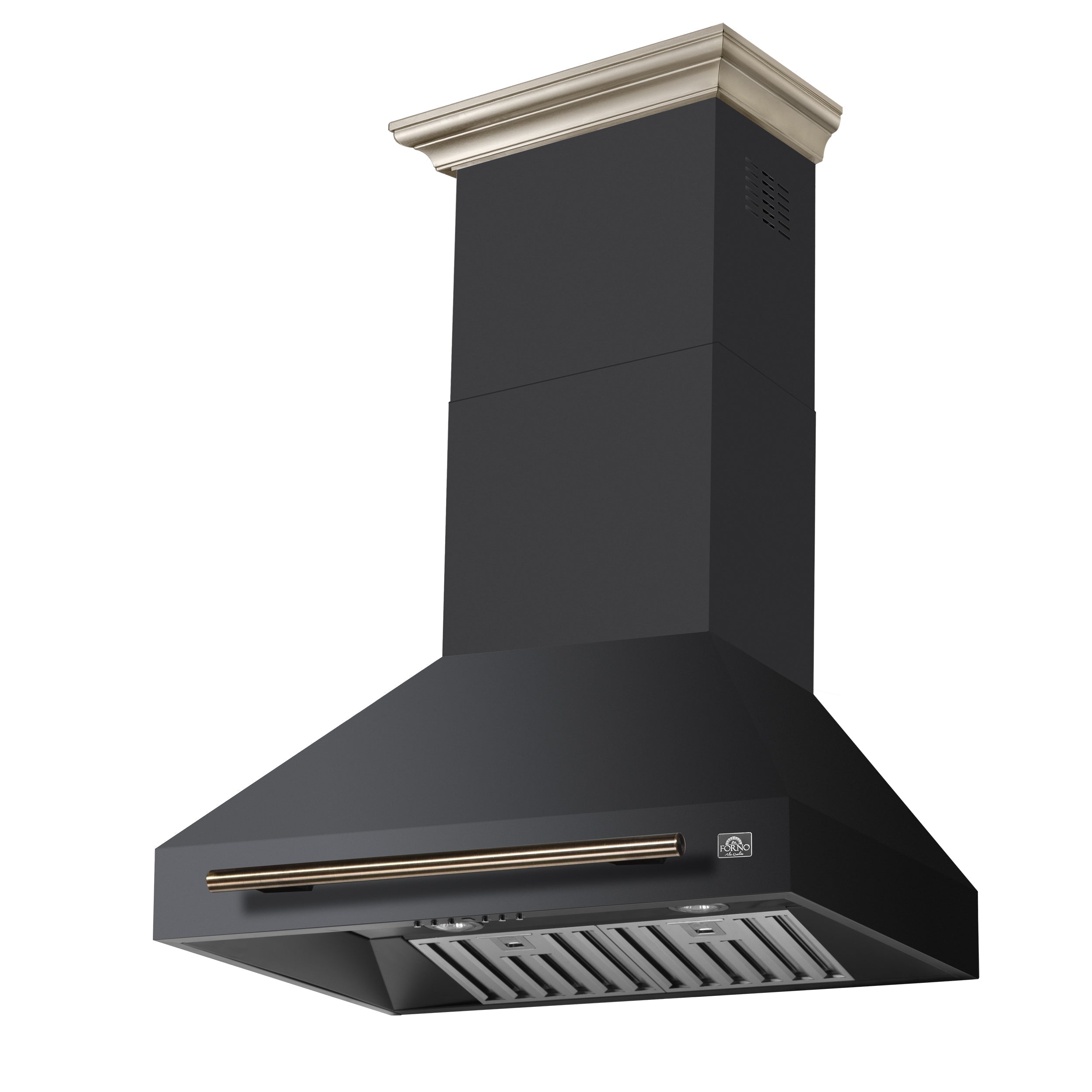Forno Aria 30-Inch Wall-Mounted Convertible Range Hood, 600 CFM, Black with Antique Brass Accents (Model FRHWM5095-30BLK)