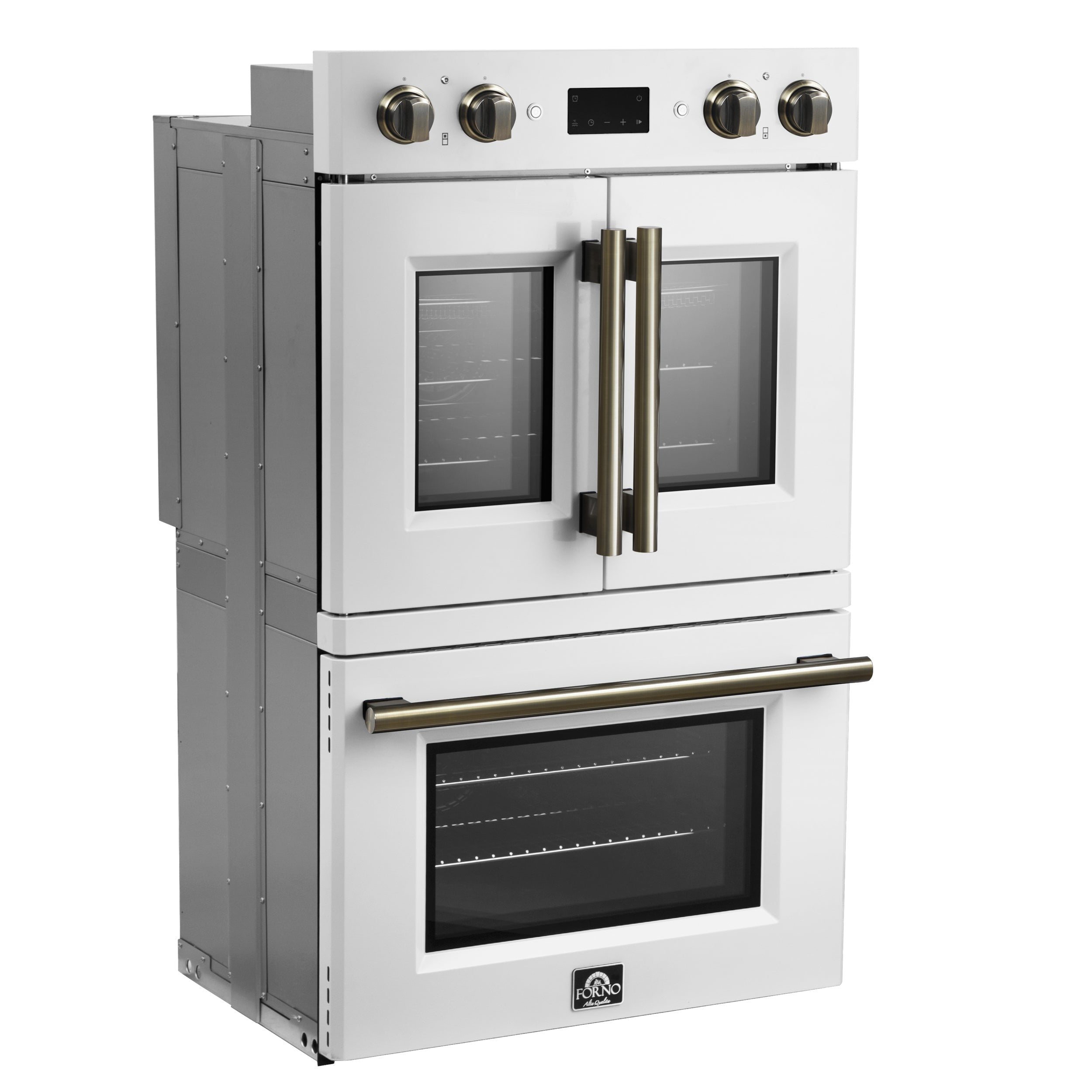 FORNO Asti 30-Inch French Door Double Electric Wall Oven, 7.36 cu. ft., Air Fry, Self-Clean, Sous Vide, White with Antique Brass Accents (FBOEL1340-30WHT)