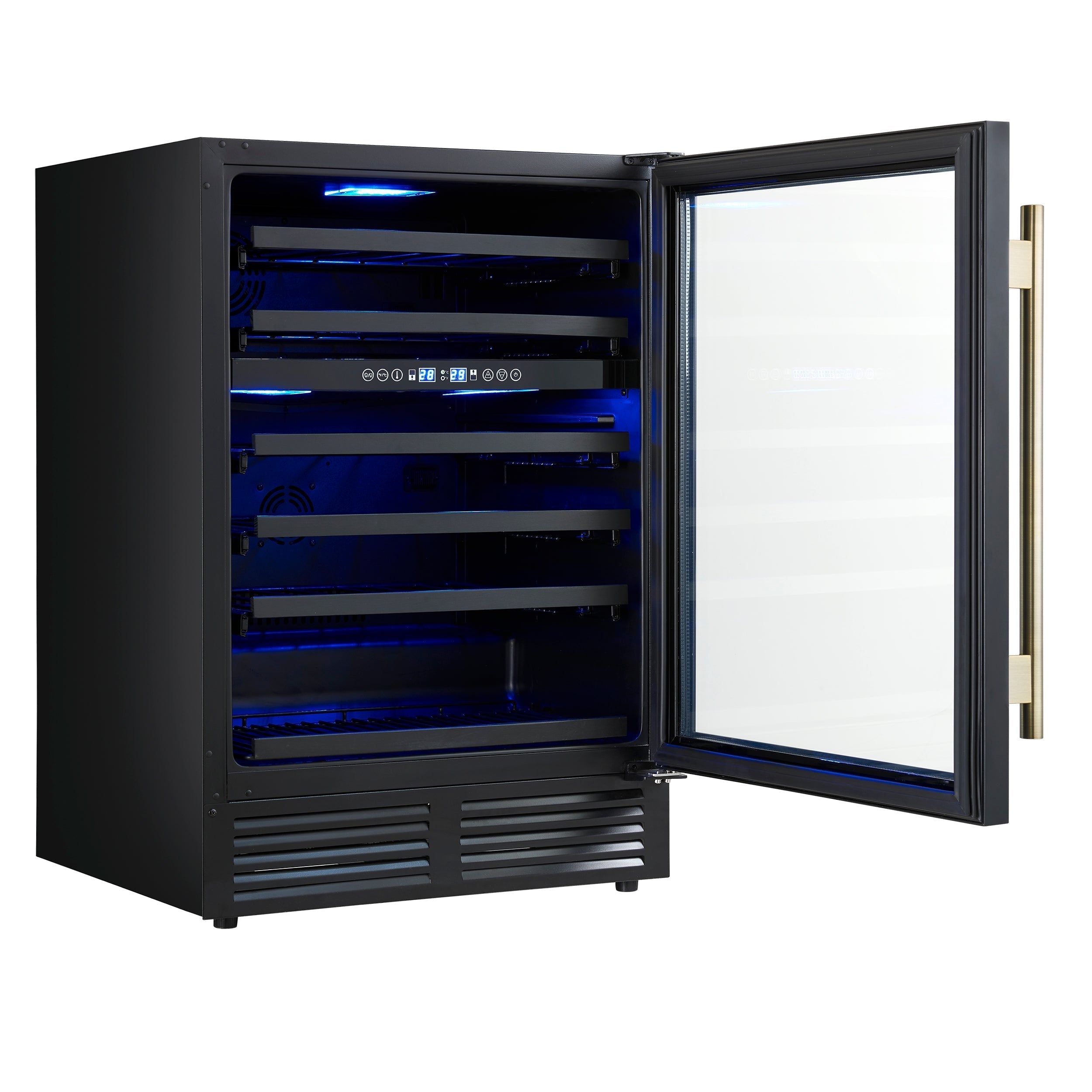 FORNO Bacchino 24-Inch Dual Zone Wine Cooler, 51-Bottle Capacity, Triple-Glass Door, Black with Antique Brass Accents (FWCDR6634-24KBLK)