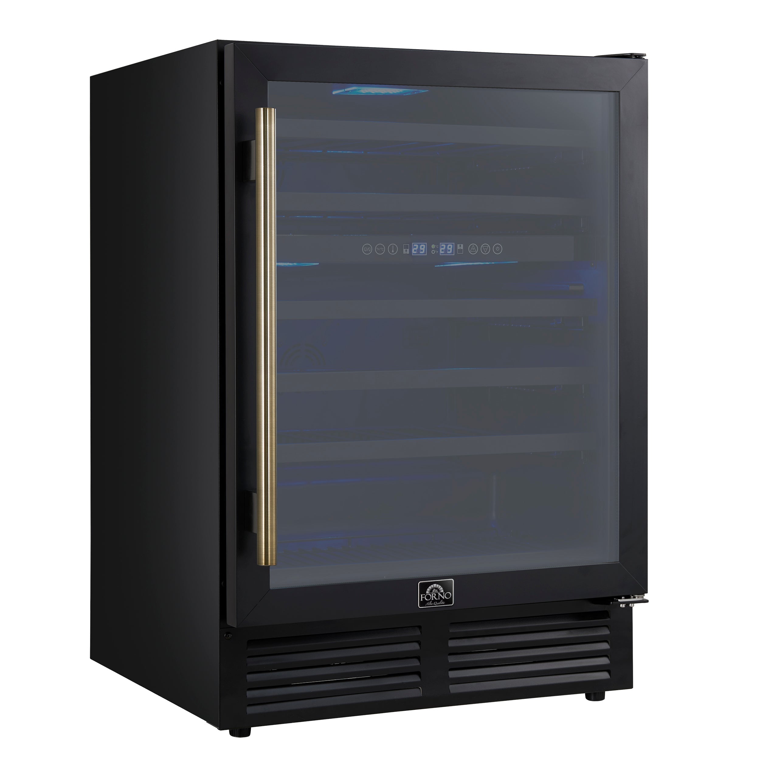 FORNO Bacchino 24-Inch Dual Zone Wine Cooler, 51-Bottle Capacity, Triple-Glass Door, Black with Antique Brass Accents (FWCDR6634-24KBLK)