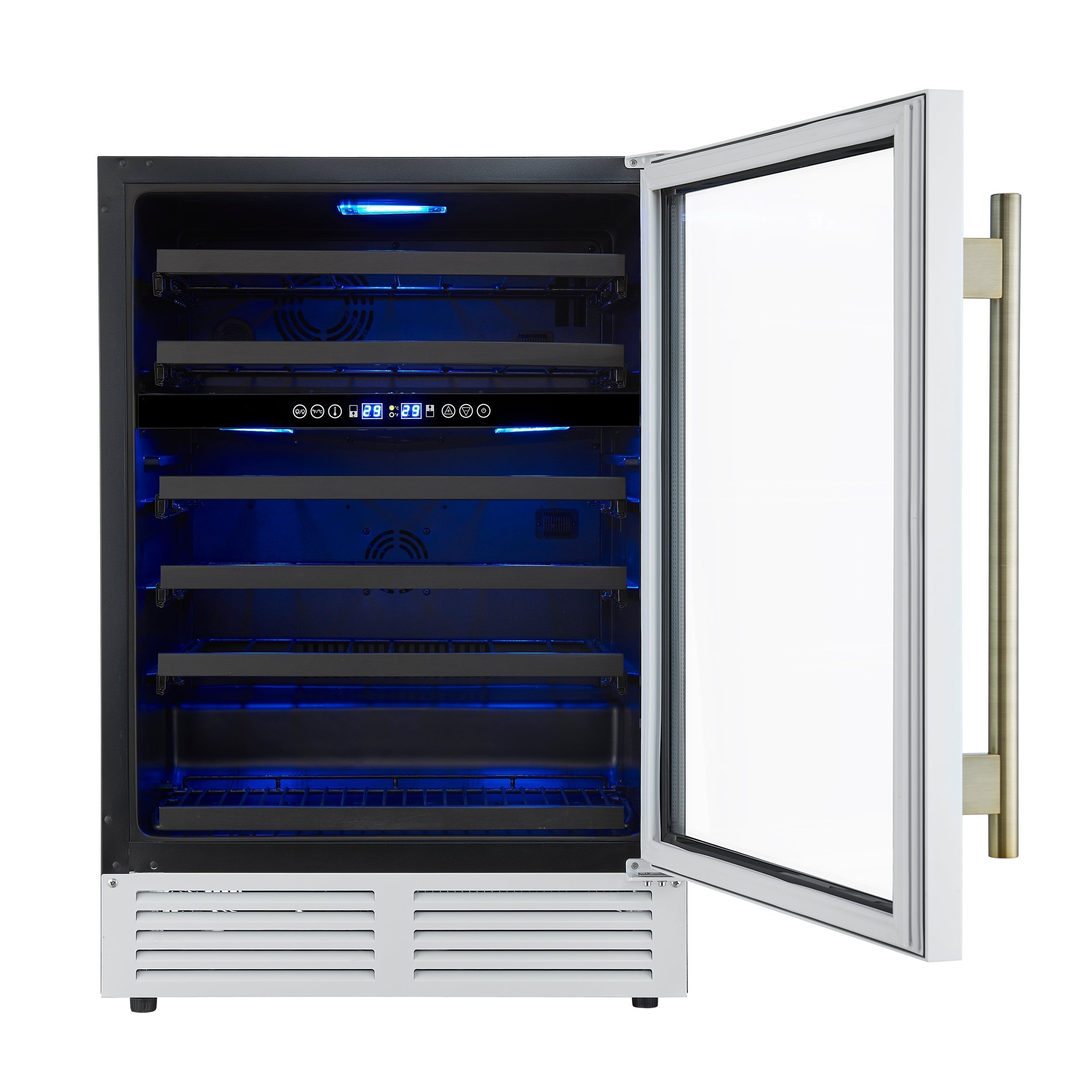 FORNO Bacchino 24-Inch Dual Zone Wine Cooler, 51-Bottle Capacity, Triple-Glass Door, LED Interior Lighting, White with Antique Brass Accents (FWCDR6634-24WHT)