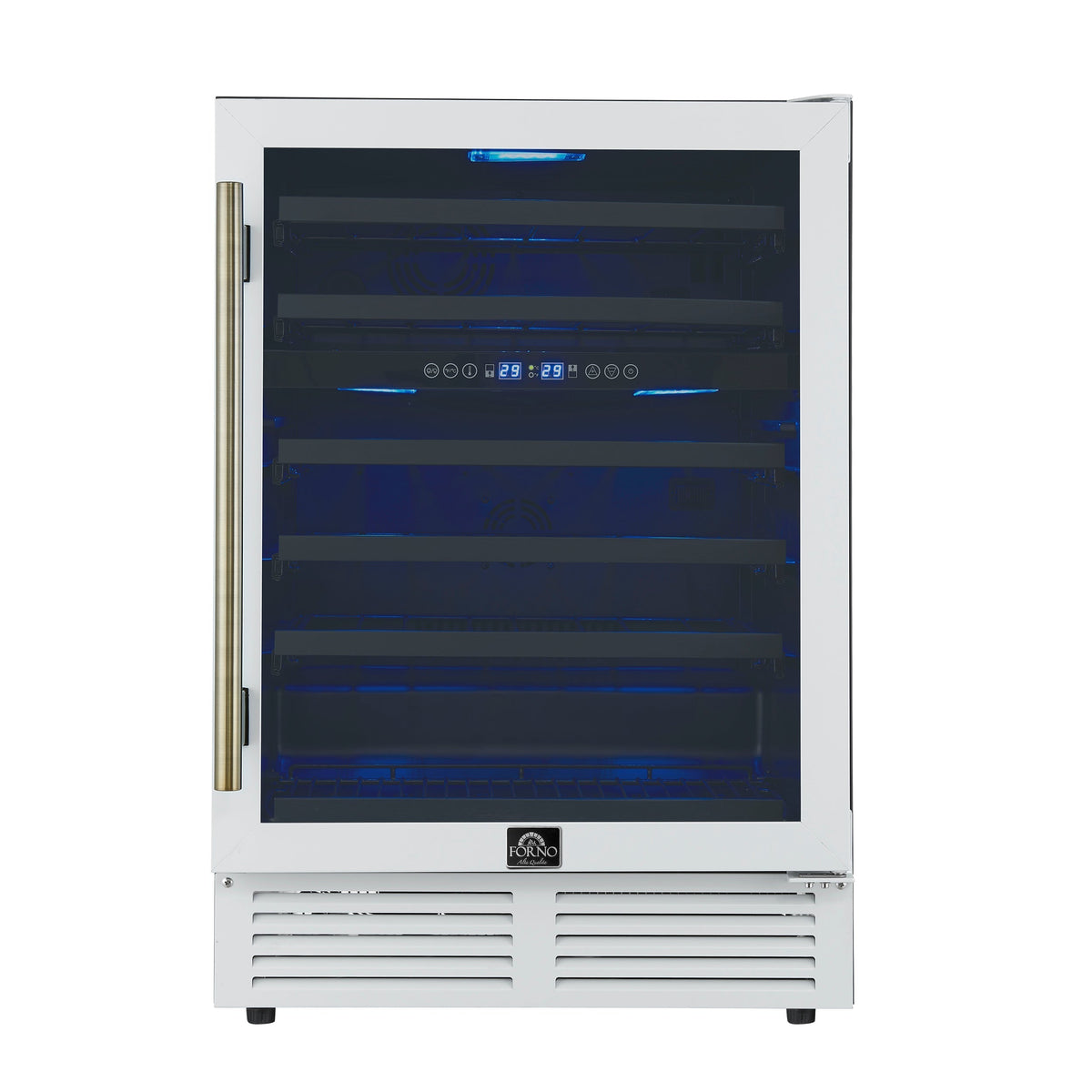 FORNO Bacchino 24-Inch Dual Zone Wine Cooler, 51-Bottle Capacity, Triple-Glass Door, LED Interior Lighting, White with Antique Brass Accents (FWCDR6634-24WHT)