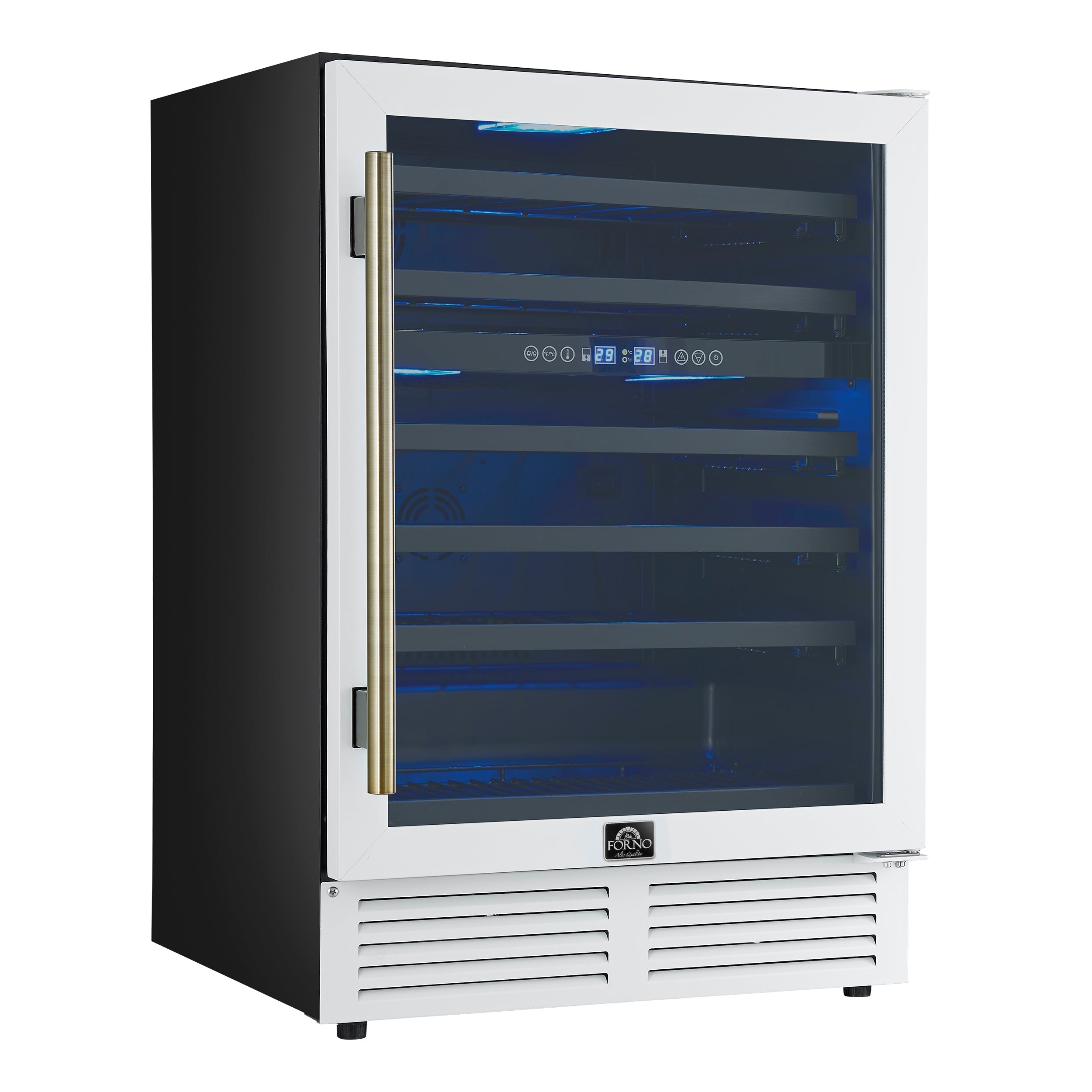 FORNO Bacchino 24-Inch Dual Zone Wine Cooler, 51-Bottle Capacity, Triple-Glass Door, LED Interior Lighting, White with Antique Brass Accents (FWCDR6634-24WHT)