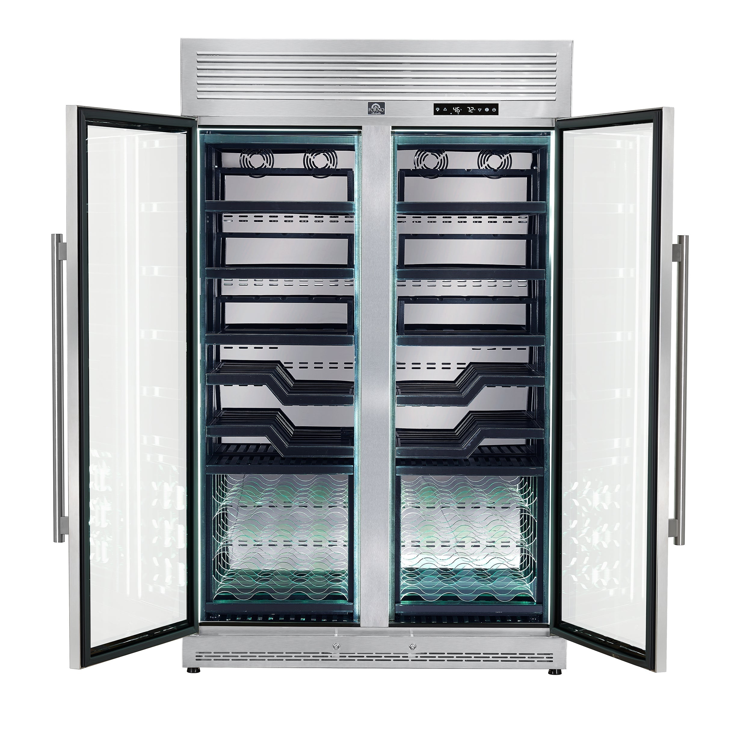 FORNO Abruzzo 48-Inch Dual Zone Wine Cooler, 24 cu.ft., 102-Bottle Capacity, Black Shelves with Green Acrylic Holders (FWCDR6610-48S)