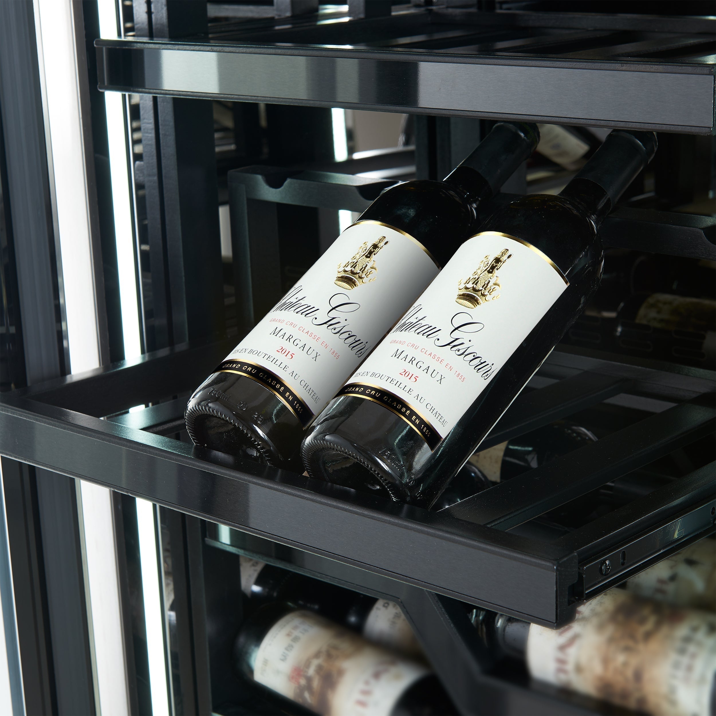 FORNO Abruzzo 48-Inch Dual Zone Wine Cooler, 24 cu.ft., 102-Bottle Capacity, Black Shelves with Green Acrylic Holders (FWCDR6610-48S)