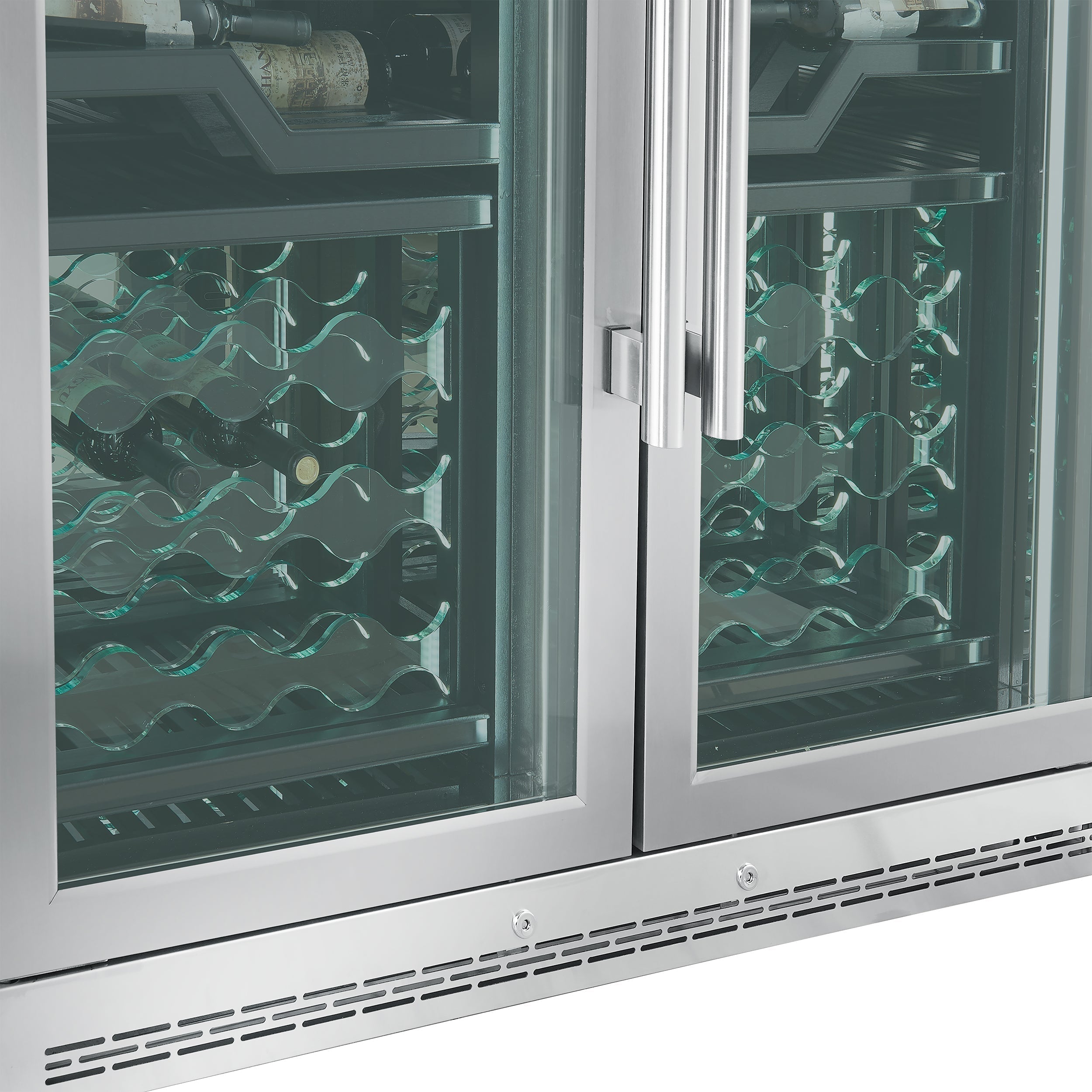 FORNO Abruzzo 48-Inch Dual Zone Wine Cooler, 24 cu.ft., 102-Bottle Capacity, Black Shelves with Green Acrylic Holders (FWCDR6610-48S)