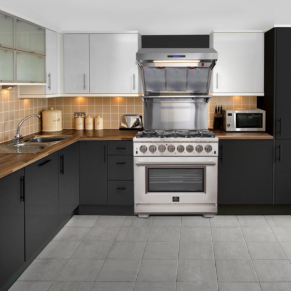 FORNO Appliance Package - 36 Inch Gas Range, Wall Mount Range Hood, Dishwasher, AP-FFSGS6244-36-W-2