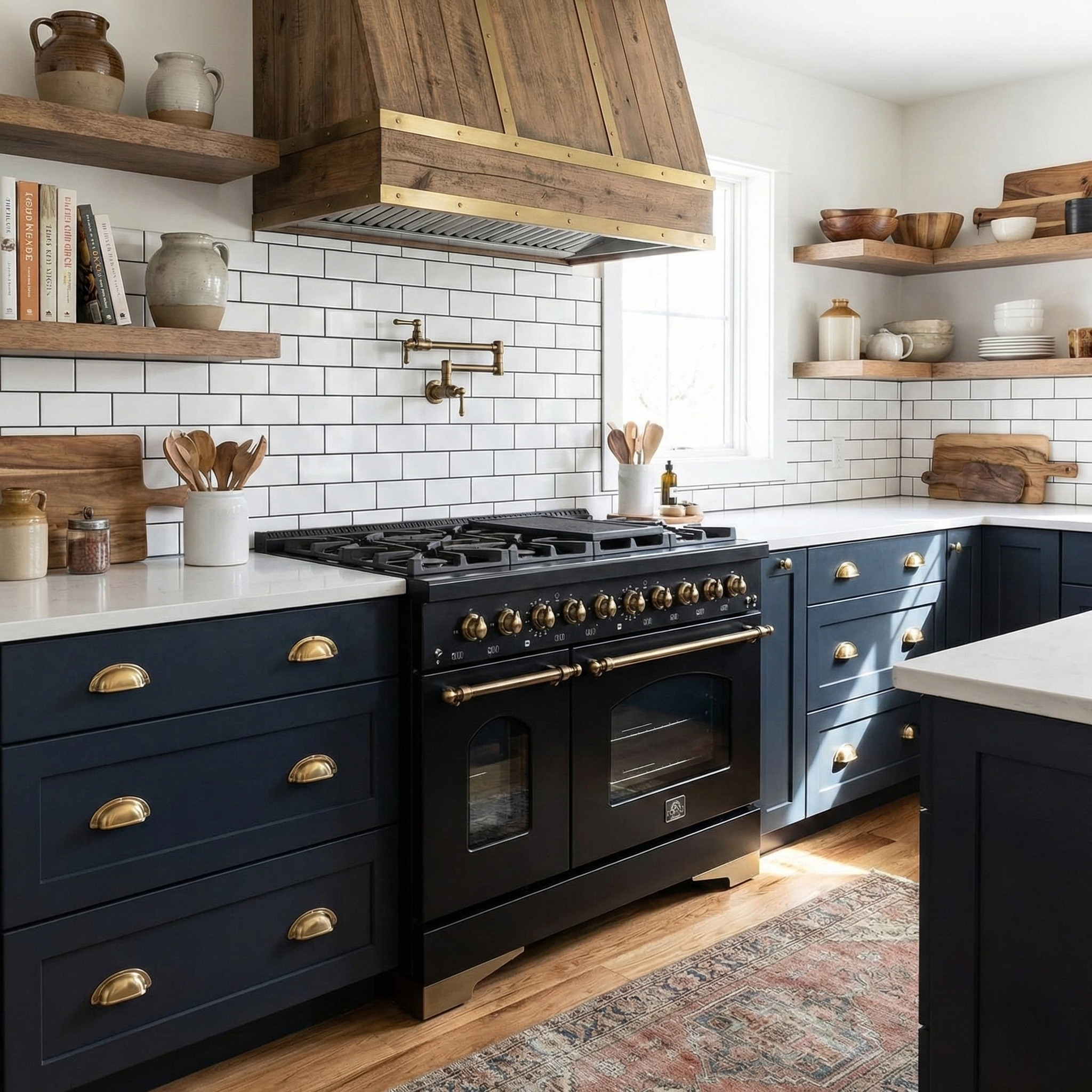 FORNO Antico 48-Inch Dual Fuel Range, 5.5 cu. ft. Oven, 8 Sealed Burners with Griddle, Black with Antique Brass Accents (FFSGS6113-48BLK)