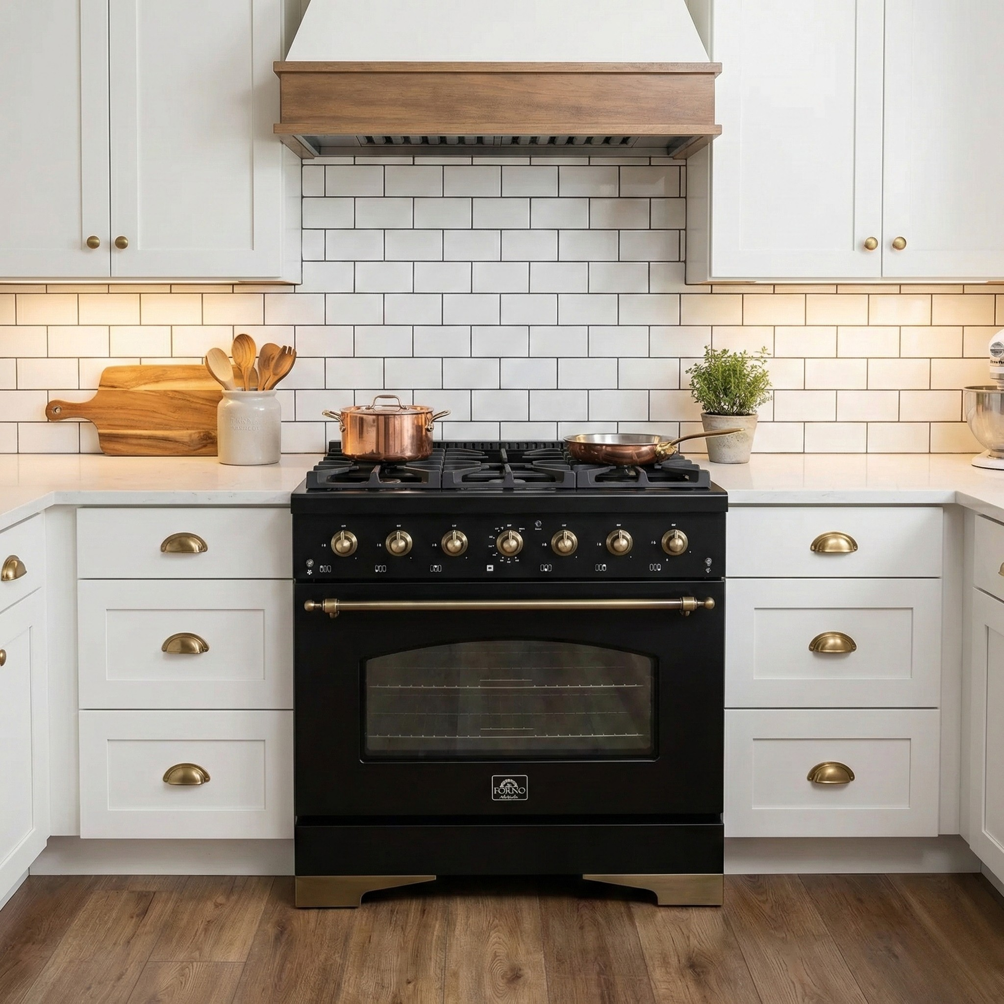 Forno Antico 36-Inch Dual Fuel Range, 4.5 cu. ft., 6 Sealed Burners, Black with Antique Brass Accents (Model FFSGS6113-36BLK)