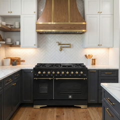 FORNO Antico 48-Inch Dual Fuel Range, 5.5 cu. ft. Oven, 8 Sealed Burners with Griddle, Black with Antique Brass Accents (FFSGS6113-48BLK)