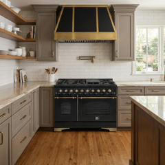 FORNO Antico 48-Inch Freestanding Gas Range, 8 Sealed Burners, Griddle, 5.5 cu. ft. Oven, Black with Antique Brass Acccents (FFSGS6219-48BLK)