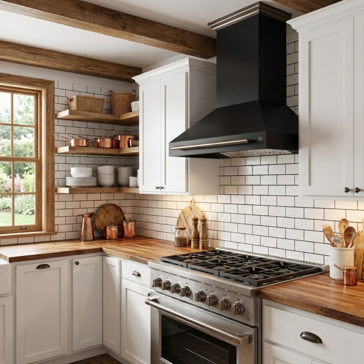 FORNO Aria 36-Inch Wall-Mount Range Hood, 1200 CFM, Black Finish with Antique Brass Accents (Model FRHWM5095-36BLK)