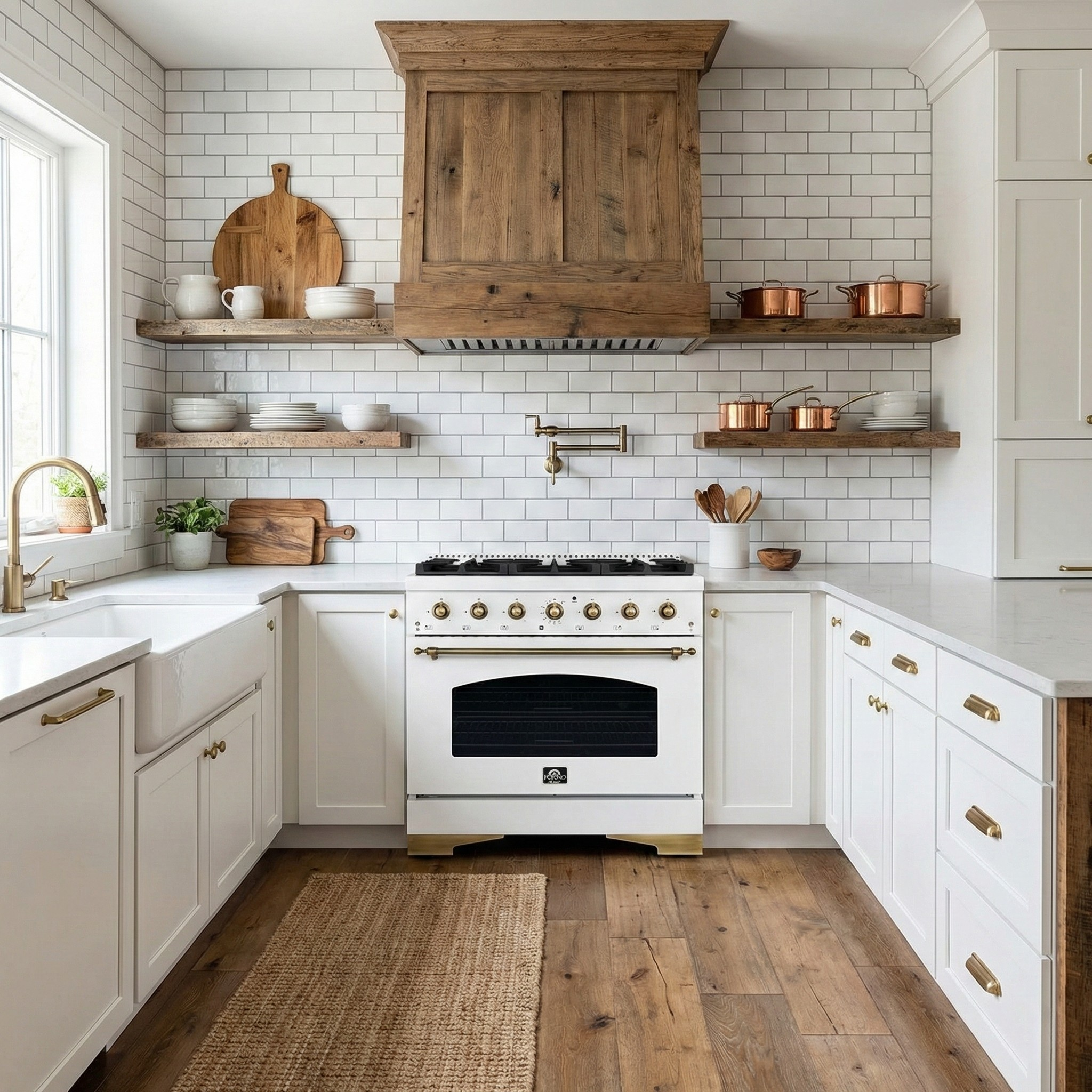 Forno Antico 36 in. Gas Range, 4.5 cu. ft. Oven, 6 Sealed Burners, White with Antique Brass Accents (Model FFSGS6219-36WHT)