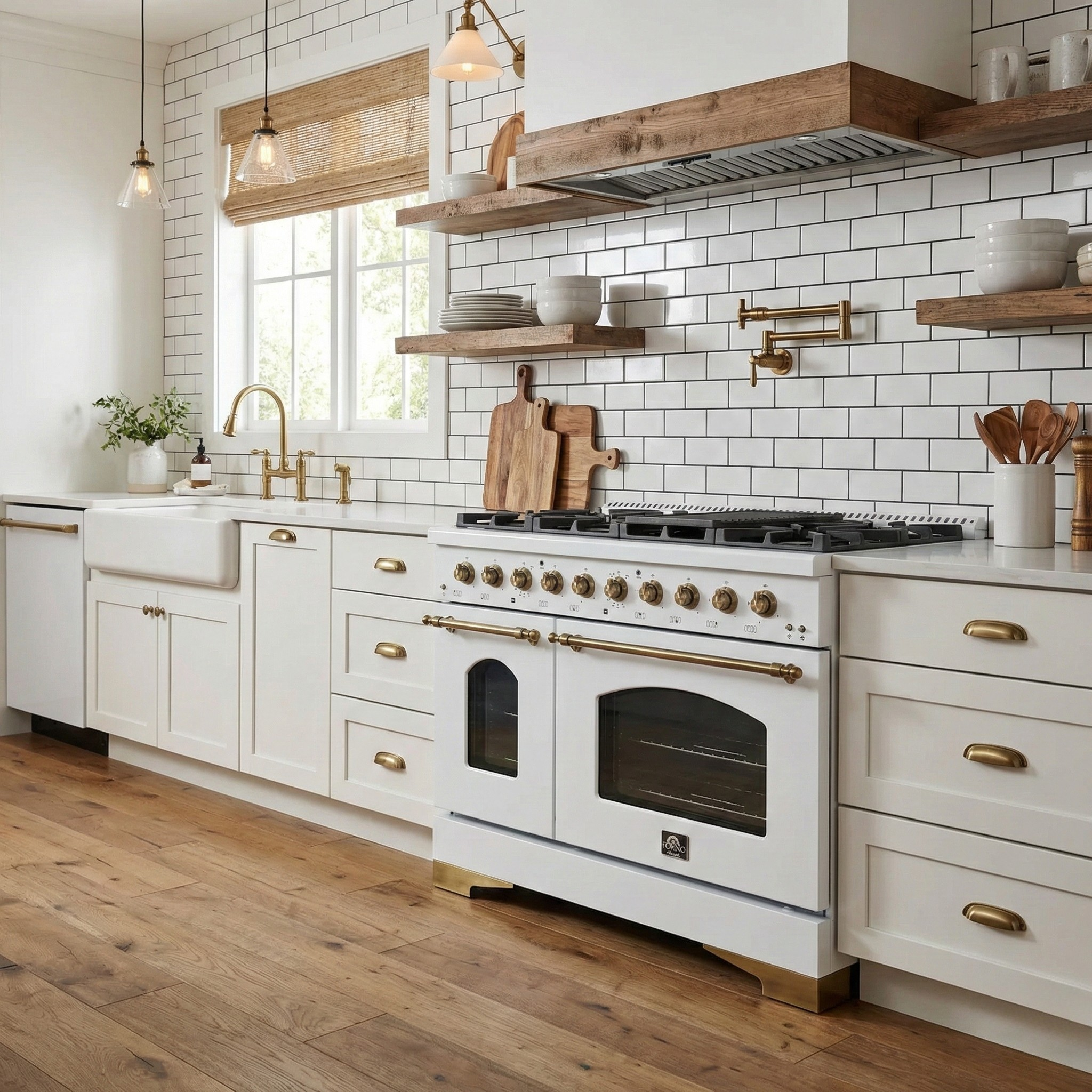 FORNO Antico 48-Inch Freestanding Gas Range, 8 Sealed Burners, Griddle, 5.5 cu. ft. Oven, White with Antique Brass Accents (FFSGS6219-48WHT)