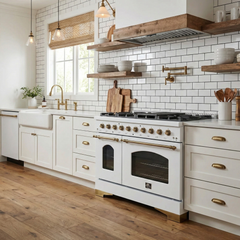 FORNO Antico 48-Inch Freestanding Gas Range, 8 Sealed Burners, Griddle, 5.5 cu. ft. Oven, White with Antique Brass Accents (FFSGS6219-48WHT)