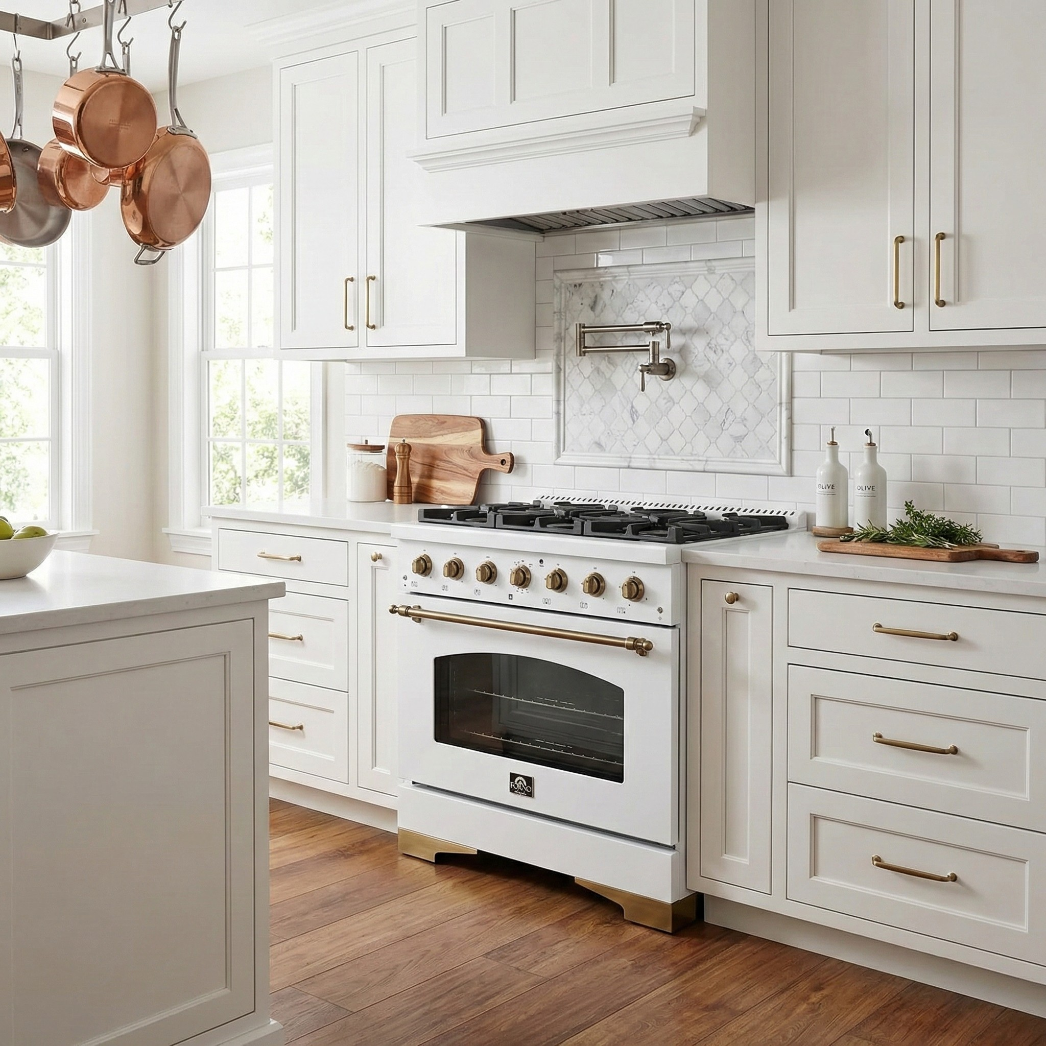 Forno Antico 36 in. Gas Range, 4.5 cu. ft. Oven, 6 Sealed Burners, White with Antique Brass Accents (Model FFSGS6219-36WHT)