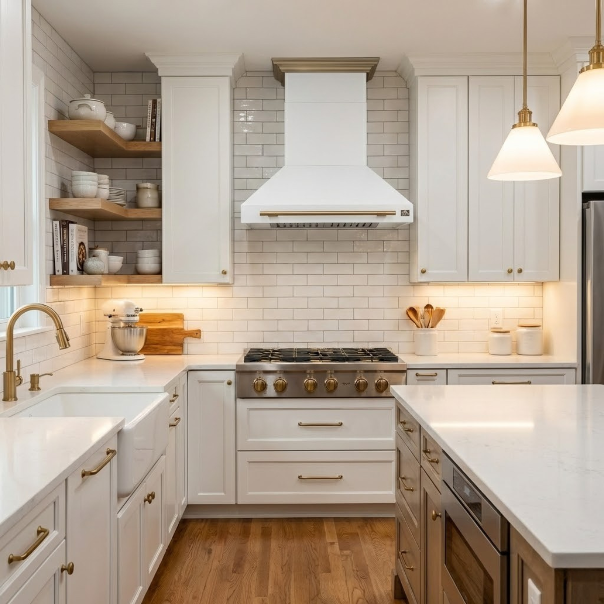 Forno Aria 36-Inch Wall-Mount Range Hood, 1200 CFM, White with Antique Brass Accents (Model FRHWM5095-36WHT)